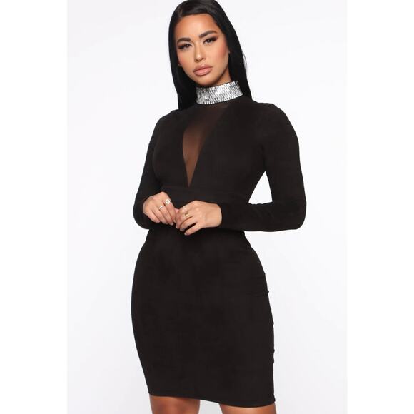 Fashion Nova Another Dream Mock Neck Suede Dress Size S Small NWT Black - Picture 10 of 10